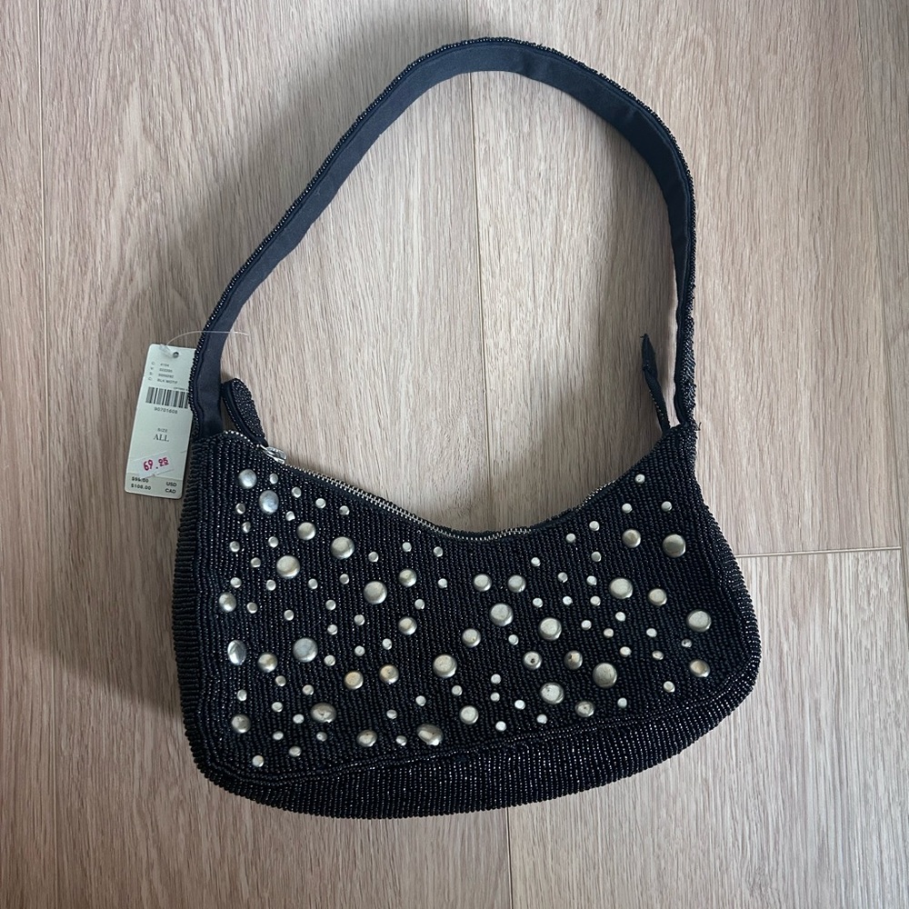Anthropologie Black Beaded Shoulder Bag with silver studs